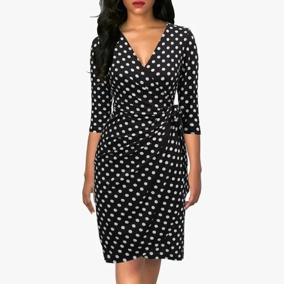 Berydress Women's Classic 3/4 Sleeve V Neck Sheath Black Polka Dot Dress - Picture 1 of 6